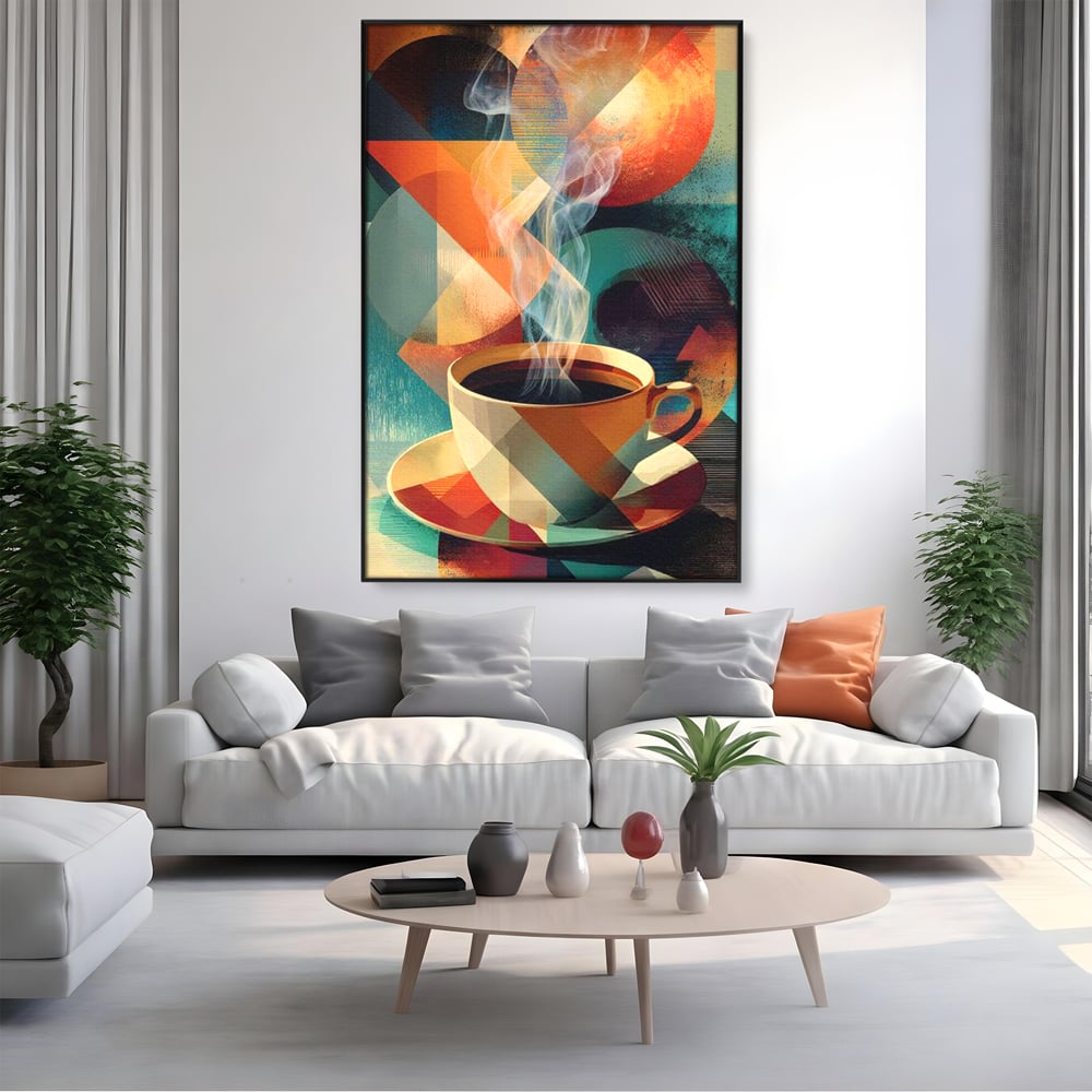 Tablou canvas cu ilustratie abstracta cu ceasca de cafea, in rama de aluminiu negru, pe perete intr-un living